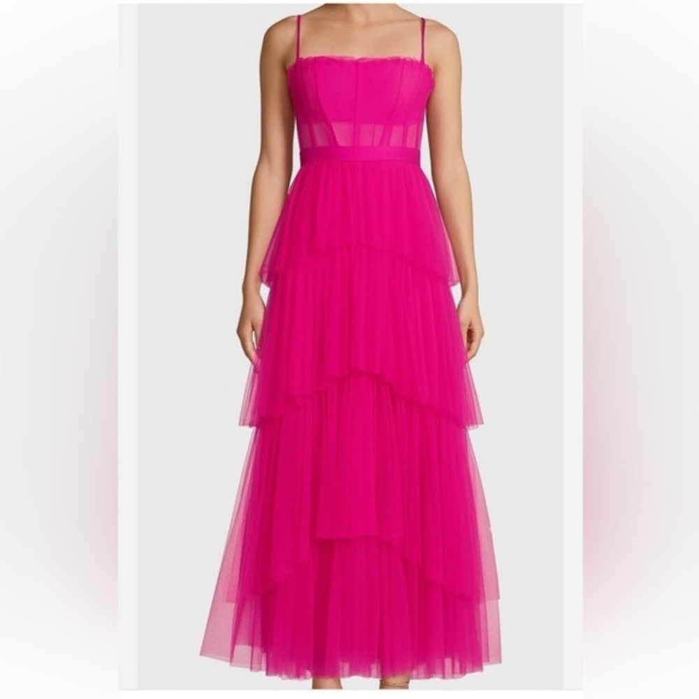 NEXT/UP Neon Fuchsia Tiered Mesh Gown Dress NWT Corset Bodice Size 1/2 $189